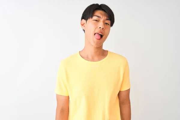 Chinese Man Wearing Yellow Casual Shirt Standing Isolated White Background — Stock Photo, Image