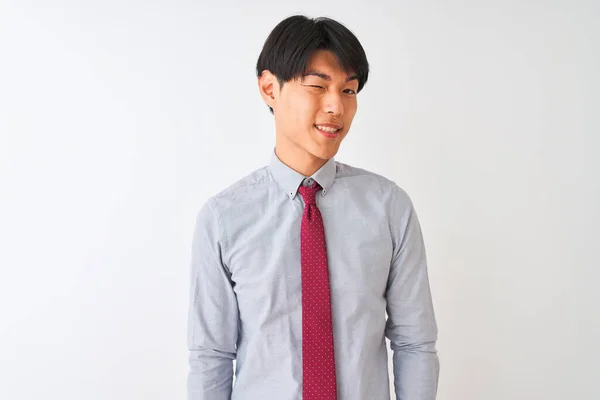 Chinese Businessman Wearing Elegant Tie Standing Isolated White Background Winking — ストック写真