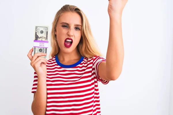 Mulher Bonita Vestindo Vermelho Listrado Shirt Segurando Dólares Sobre Isolado — Fotografia de Stock