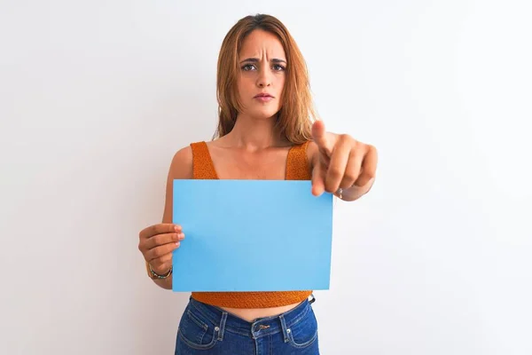 Young Beautiful Redhead Woman Holding Banner Isolated Background Pointing Finger — 스톡 사진