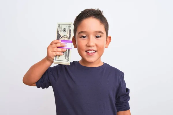 Красивый Мальчик Держит Доллары Стоя Изолированном Белом Фоне Счастливым Лицом — стоковое фото