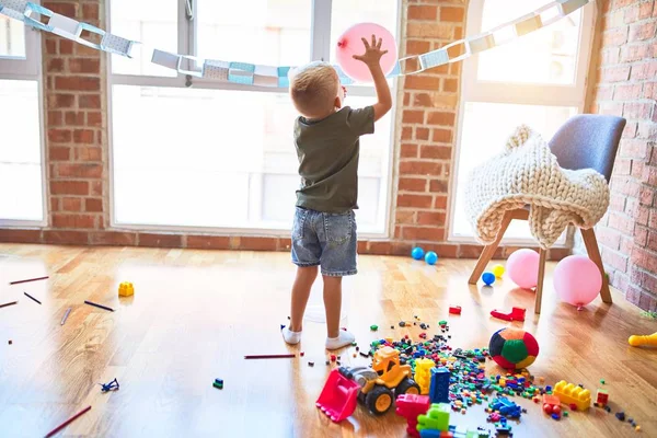 Young Caucasian Kid Playing Kindergarten Toys Preschooler Boy Happy Playroom — Stock Photo, Image