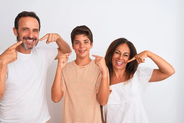 Family Three Mother Father Son Standing White Isolated Background Smiling — Stock Photo, Image