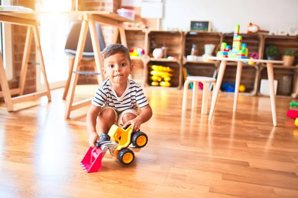 Beautiful Toddler Boy Playing Tractor Kindergarten — Stock Photo, Image