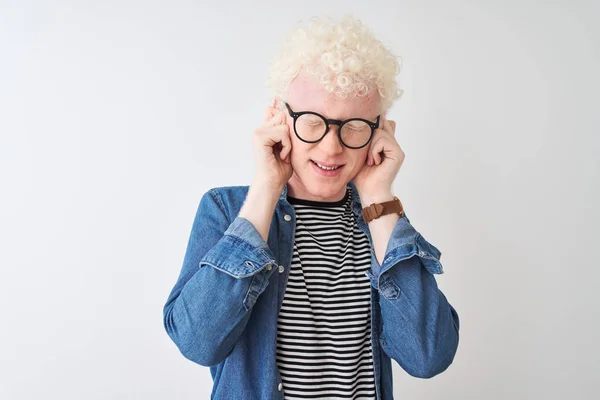 Young Albino Blond Man Wearing Denim Shirt Glasses Isolated White — Stock Photo, Image