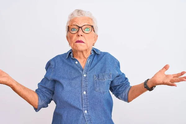 Senior Grey Haired Woman Wearing Denim Shirt Glasses Isolated White — ストック写真