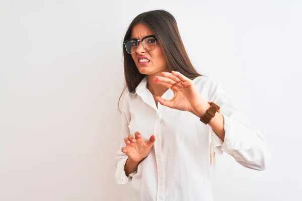 Young Beautiful Businesswoman Wearing Glasses Standing Isolated White Background Disgusted — ストック写真