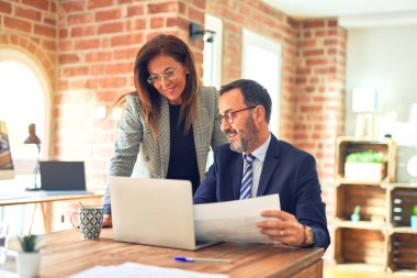 Two middle age business workers smiling happy and confident. Working together with smile on face using laptop at the office clipart