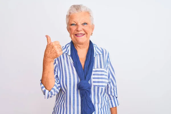 Senior Mujer Pelo Gris Con Camisa Rayas Azules Pie Sobre —  Fotos de Stock