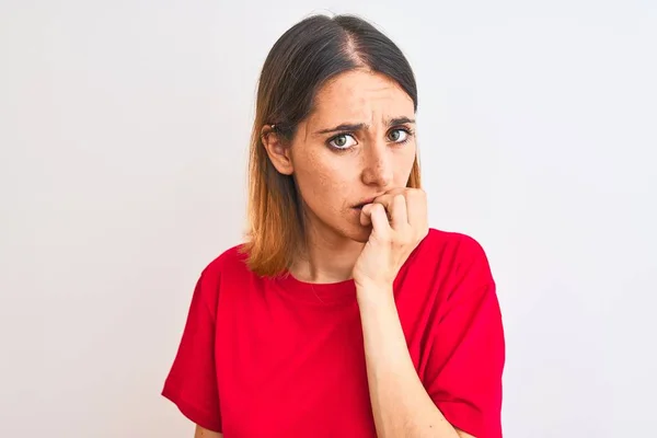 Beautiful Redhead Woman Wearing Casual Red Shirt Isolated Background Looking — 스톡 사진