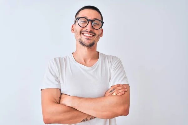 Homem Bonito Jovem Usando Óculos Sobre Fundo Isolado Rosto Feliz — Fotografia de Stock