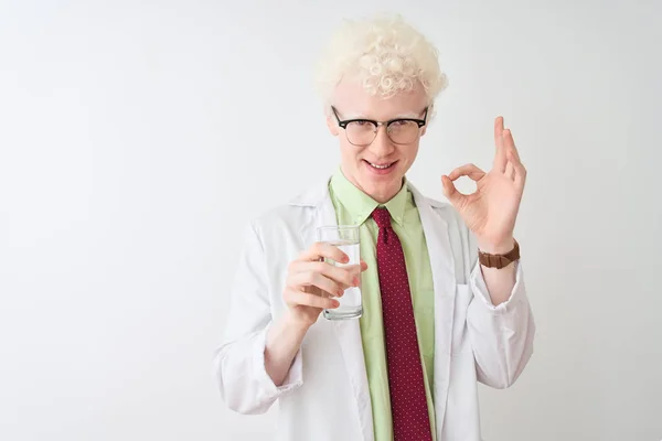 Albino Scientist Man Wearing Glasses Holding Glass Water Isolated White — 스톡 사진