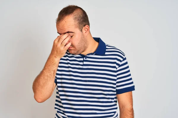 Young Man Wearing Casual Striped Polo Standing Isolated White Background — Stockfoto