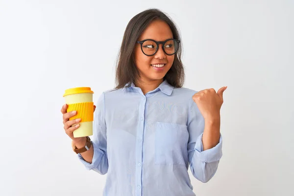 Young Chinese Woman Wearing Glasses Holding Glass Coffee Isolated White — 스톡 사진
