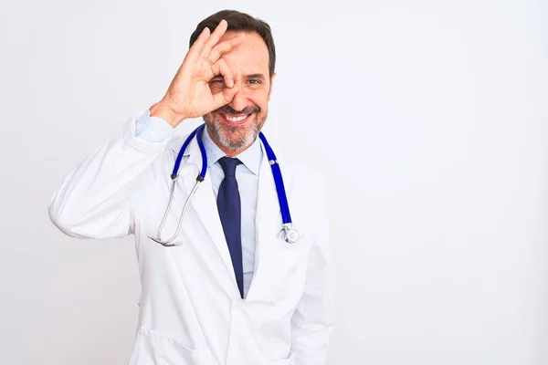 Middle Age Doctor Man Wearing Coat Stethoscope Standing Isolated White — 스톡 사진