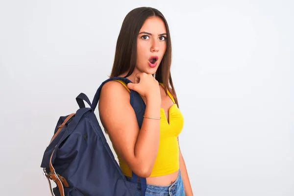 Young Beautiful Student Girl Wearing Backpack Standing Isolated White Background — Stok fotoğraf