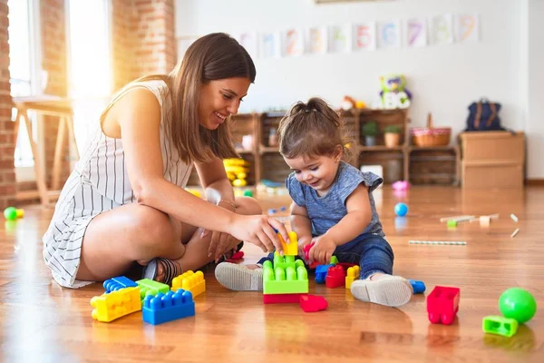 Young Beautiful Teacher Toddler Playing Building Blocks Toy Kindergarten — Stock Photo, Image