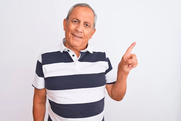 Homem Cabelos Grisalhos Sênior Vestindo Pólo Listrado Casual Sobre Fundo — Fotografia de Stock