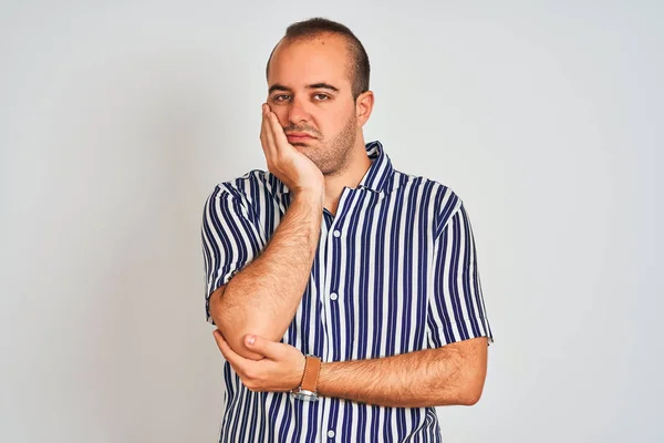 Young Man Wearing Blue Striped Shirt Standing Isolated White Background — 스톡 사진