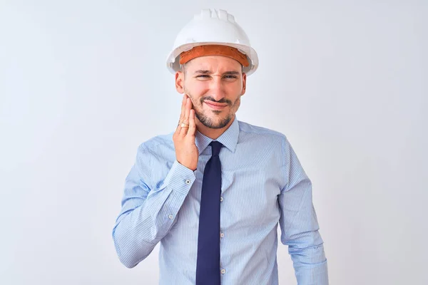 Young Business Man Wearing Contractor Safety Helmet Isolated Background Touching — 스톡 사진