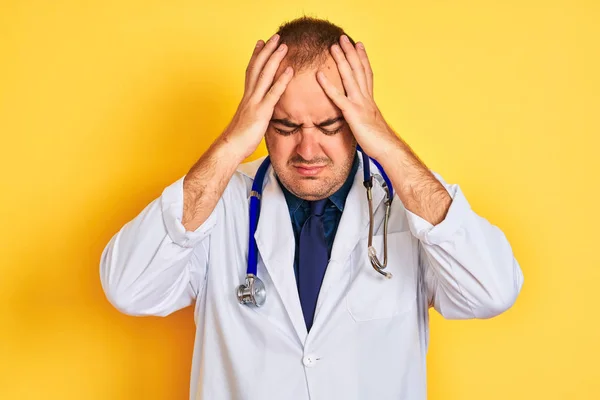 Young Doctor Man Wearing Coat Stethoscope Standing Isolated Yellow Background — 图库照片