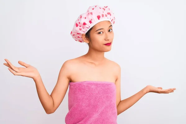 Young Chinese Woman Wearing Shower Towel Cap Bath Isolated White — Stock Photo, Image