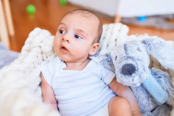 Adorable Baby Lying Blanket Floor Home Newborn Relaxing Resting Comfortable — Stock Photo, Image