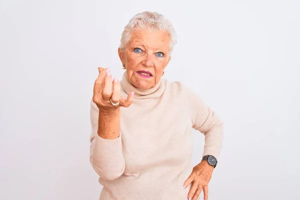 Senior Grey Haired Woman Wearing Turtleneck Sweater Standing Isolated White — Stock Photo, Image