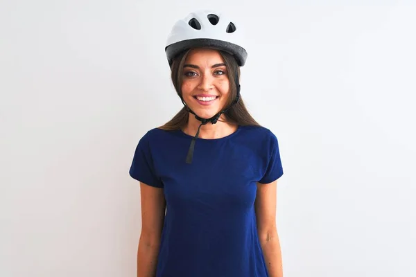 Jovem Mulher Ciclista Bonita Vestindo Capacete Bicicleta Segurança Sobre Fundo — Fotografia de Stock