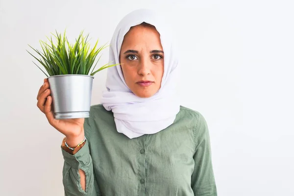 若いアラブ人女性を身に着けているヒジャーブ保持植物ポット上の隔離された背景に自信を持って表現上のスマート顔思考深刻な — ストック写真
