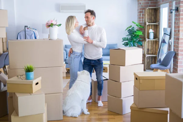 Young Beautiful Couple Dog Standing New Home Cardboard Boxes — Stock Photo, Image