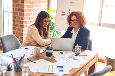 Two beautiful businesswomen smiling happy and confident. Sitting with smile on face working together using laptop at the office
