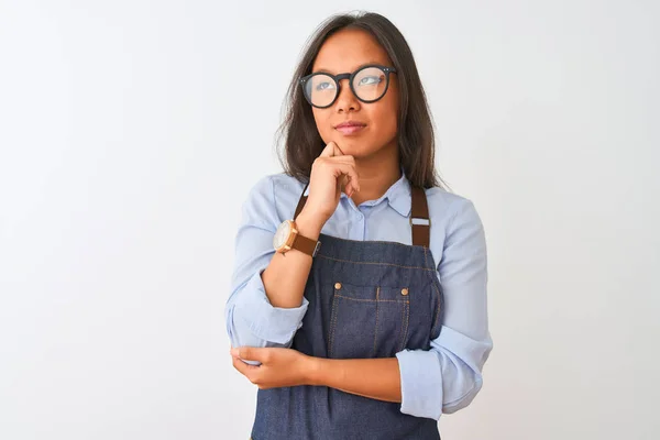 Young Beautiful Chinese Woman Wearing Glasses Apron Isolated White Background — 스톡 사진
