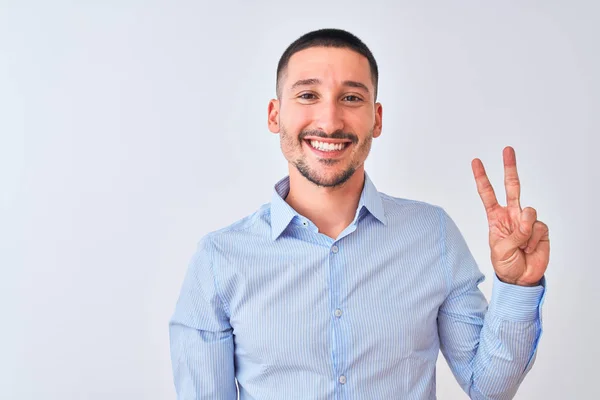 Junger Gutaussehender Geschäftsmann Der Vor Isoliertem Hintergrund Steht Und Mit — Stockfoto