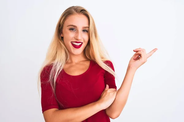 Junge Schöne Frau Rotem Shirt Steht Über Isoliertem Weißem Hintergrund — Stockfoto