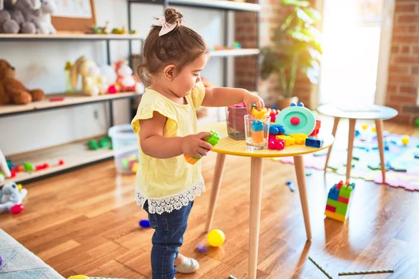 Beautiful Toddler Playing Building Blocks Toys Kindergarten — Stock Photo, Image