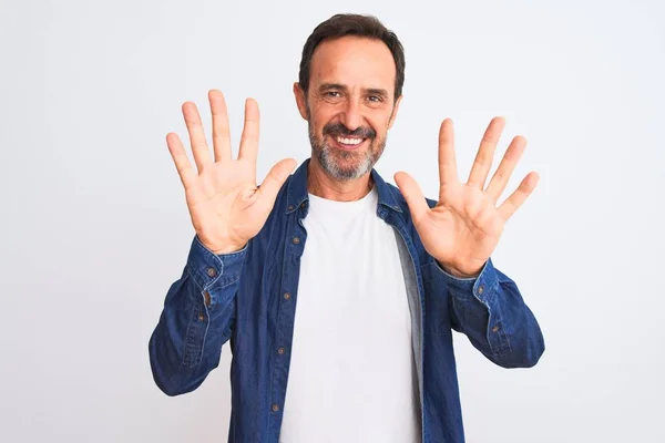 Middle Age Handsome Man Wearing Blue Denim Shirt Standing Isolated — Stock Photo, Image