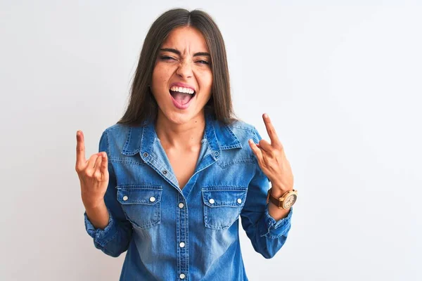 Young Beautiful Woman Wearing Casual Denim Shirt Standing Isolated White — 스톡 사진