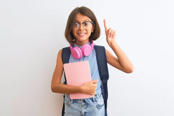 Estudante Menina Usando Óculos Mochila Livro Fones Ouvido Sobre Fundo — Fotografia de Stock