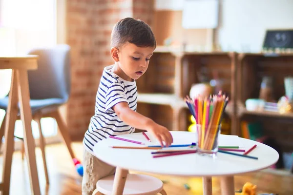 Beautiful Toddler Boy Drawing Cute Draw Using Colored Pencils Kindergarten — Stock Photo, Image