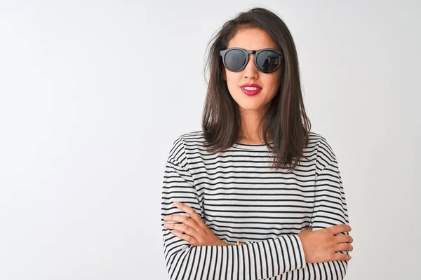 Chinese Woman Wearing Striped Shirt Sunglasses Standing Isolated White Background — Stockfoto