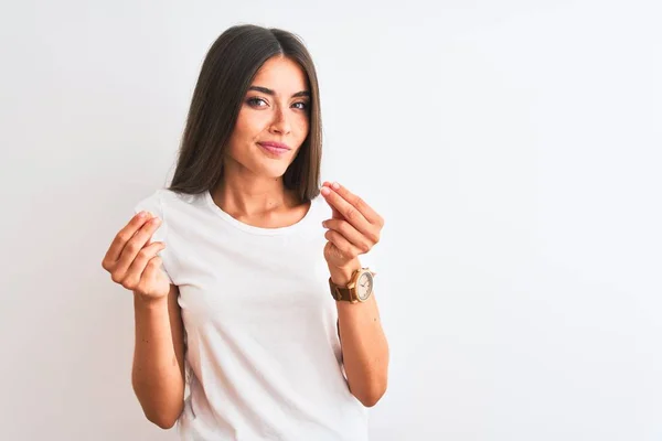 Jovem Mulher Bonita Vestindo Shirt Casual Sobre Fundo Branco Isolado — Fotografia de Stock