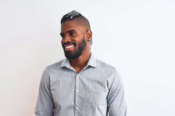 African American Businessman Braids Standing Isolated White Background Looking Away — Stok fotoğraf