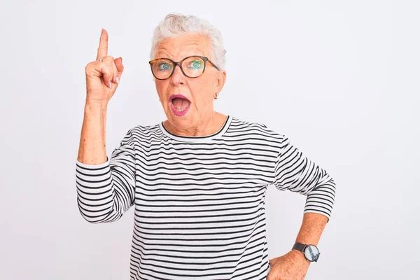 Senior Mulher Cabelos Grisalhos Vestindo Listrado Marinho Shirt Óculos Sobre — Fotografia de Stock