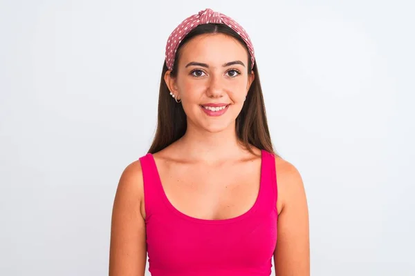 Młoda Piękna Dziewczyna Różowy Casual Shirt Diadem Odizolowanym Białym Tle — Zdjęcie stockowe