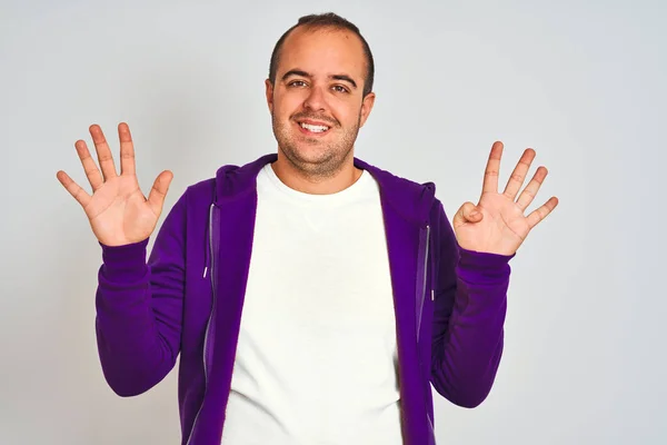 Young Man Wearing Purple Sweatshirt Standing Isolated White Background Showing — 스톡 사진