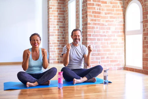Middle Age Sporty Couple Sitting Mat Doing Stretching Yoga Exercise — 스톡 사진