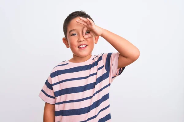 Menino Bonito Vestindo Shirt Listrada Casual Sobre Fundo Branco Isolado — Fotografia de Stock