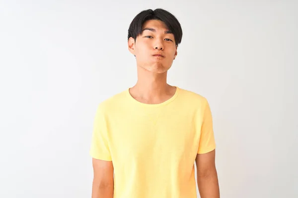 Chinese Man Wearing Yellow Casual Shirt Standing Isolated White Background — Stock Photo, Image