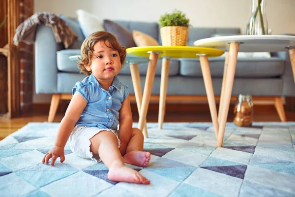 Beautiful Toddler Child Girl Wearing Denim Shirt Sitting Carpet — Stock Photo, Image